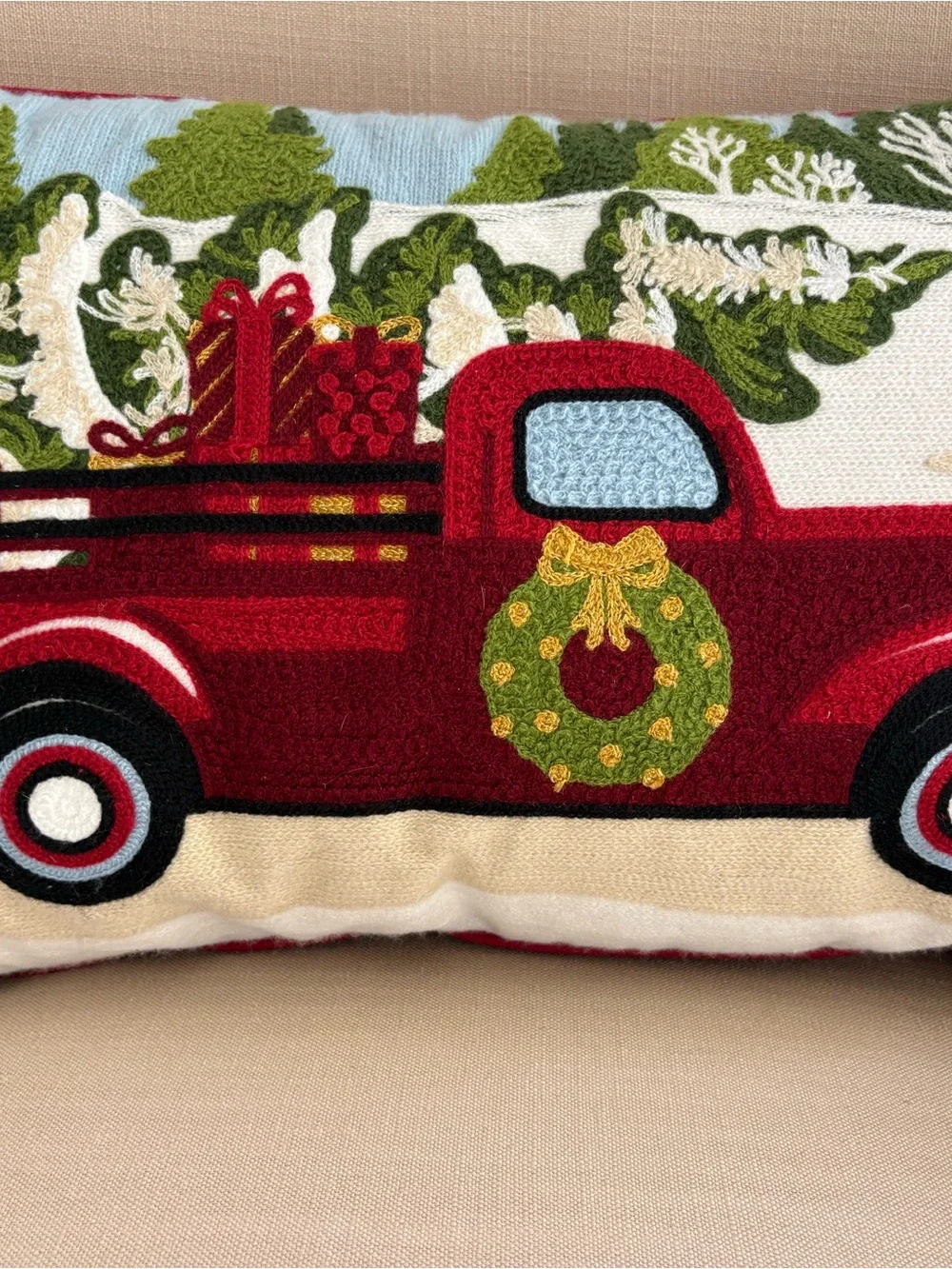 Winter Scene Hooked Throw Pillow Red Christmas Truck Presents Wreath 22”x14”x6”